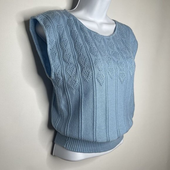 Vintage 80s Keneth Too Baby Blue Pointelle Knit Cap Sleeve Sweater - Picture 3 of 8
